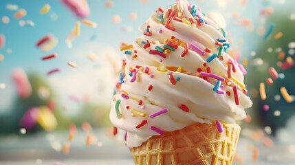 Closeup Of Creamy Vanilla Ice Cream Cone With Colorful Sprinkles Against A Bright Blue Sky Background