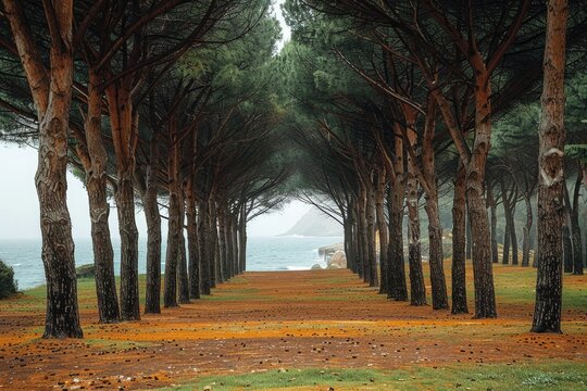 A beautiful forest pathway leading to the ocean vista