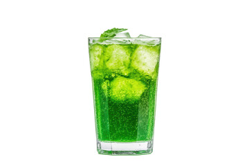 Refreshing green mojito cocktail with ice and mint garnish on black background, cut out