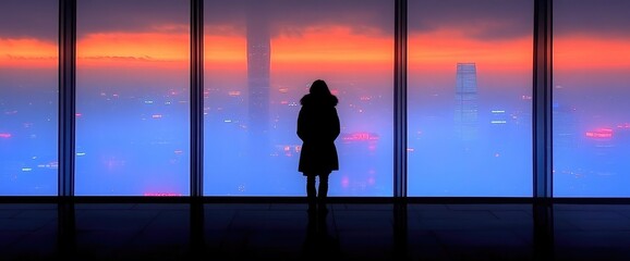 Fototapeta premium Woman stands gazing at cityscape through large windows at dawn, a silhouette against a beautiful light
