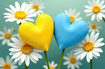 Obraz premium Two yellow and blue hearts on a flowers daisy background. Beautiful, romantic background, Valentine's Day and greeting cards. Romantic messages. Heart symbolizing love