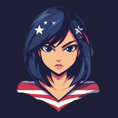 Cartoon-style illustration of a female superhero with patriotic elements.
