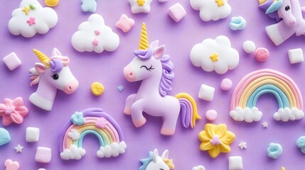 Obraz premium Soft pastel purple kawaii background with handmade plasticine cartoon animals, unicorns, clouds, rainbows, and marshmallows in a fun and sweet pattern
