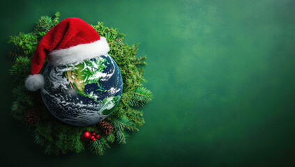world globe donning festive santa cap representing eco-friendly holiday spirit and global environmental consciousness
