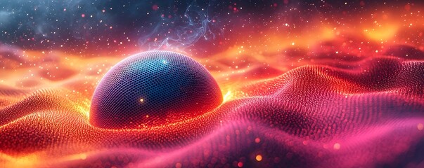 Glowing neon speaker floating in a sea of colorful soundwaves