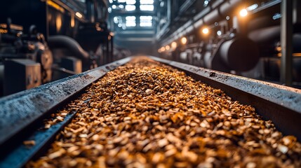 Biomass fuel being processed in a large industrial boiler for energy generation
