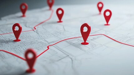 A digital map featuring several red location pins, indicating various points of interest connected by a red line.
