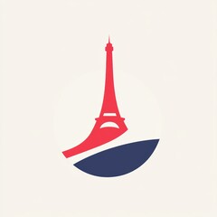 Minimalist illustration of the Eiffel Tower in red and blue modern design.