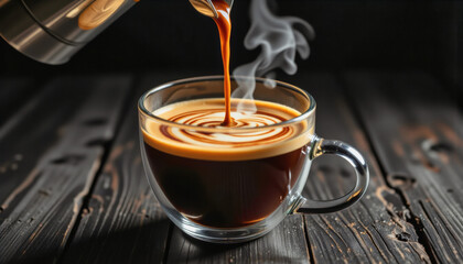 Modern food photo advertisement: Hot coffee pours from a silver pot into a clear glass mug, releasing steam and creating swirling patterns within the dark liquid.