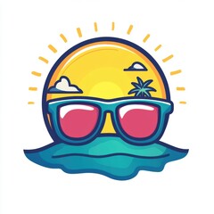 Fun cartoon-style illustration of a smiling sun with sunglasses and a tropical vibe.