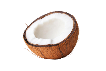 Half coconut with brown husk and smooth white flesh on black background, cut out