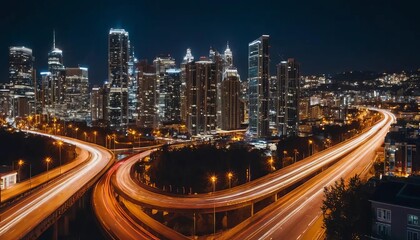 Fototapeta premium A long exposure photo of a cityscape at night with light trails from passing cars