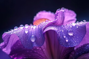 Ultra-Resolution Macro Shot of a Glowing Purple Iris Dew-Kissed Petals, Vivid Colors and Dark Dramatic Background