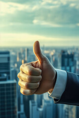 Close-up of a hand giving a thumbs-up gesture against a cityscape background.