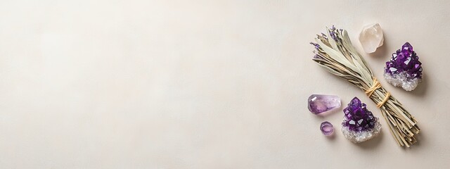 A mindfulness and spirituality themed header or banner, including a white sage smudge stick, almond tree resin incense, healing crystal, and candle, with copyspace, shown from the top