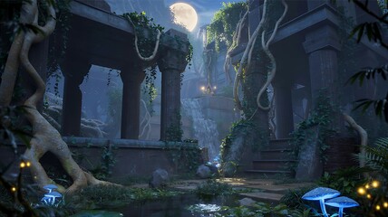 Obraz premium Night scene showing ancient ruins with moonlight and glowing mushrooms.