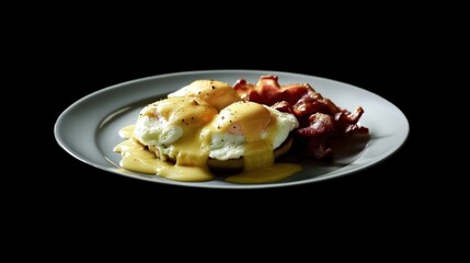 Delicious Eggs Benedict with Bacon on Plate Against Black Background