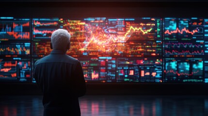A focused man analyzing extensive financial data on a large screen filled with vibrant and dynamic market charts and graphs representing financial trends