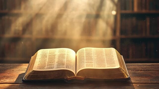 Open vintage book on wooden table with warm sunlight filtering through dust, creating a serene atmosphere in a cozy library setting