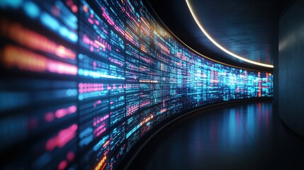 Curved Wall in Futuristic Corridor with Massive Stream of Glowing Pink and Blue Digital Code Illuminating a Dark Technological Environment