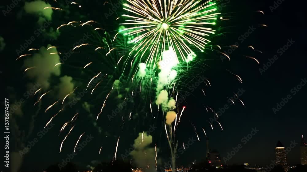 Poster A fireworks display in the sky with a red and white firework. The fireworks are in the air and are lit up