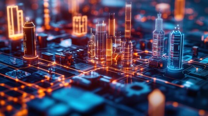 A Futuristic Cityscape Built on a Circuit Board Surrounded by Illuminating Orange and Blue Hues in a Stylized Digital Rende of Urban Visionary Designs