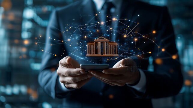 Businessman Holds Phone With Bank Icon Connected to Network Digital Design
