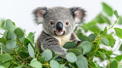 Obraz premium Koala Among Eucalyptus Leaves Sweet Australian Native Animal Wildlife Portrait Cutout.