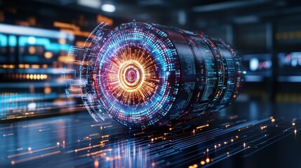 Futuristic Cylindrical Data Core With Vibrant Holographic Displays Of Complex Digital Information On Reflective Surface In High-Tech Environment