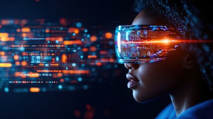 A young Black woman adorned in a sleek futuristic VR headset immersed in a vibrant digital world of dynamic data streams and flowing binary code visuals