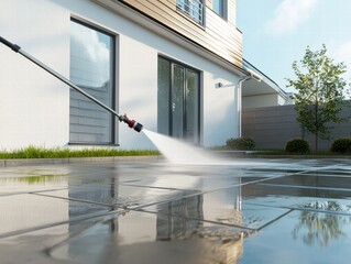 high resolution image of house exterior being pressure washed, showcasing clean patio area with reflections on wet surface. scene conveys sense of freshness and maintenance