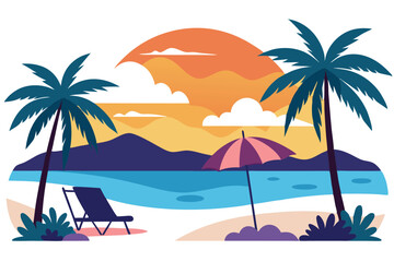 Obraz premium Tropical Beach with Palm Trees, Umbrella, Deckchair and Sunset Landscape