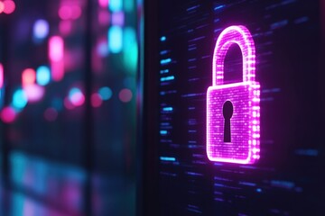Neon padlock symbol glows against dark background, representing