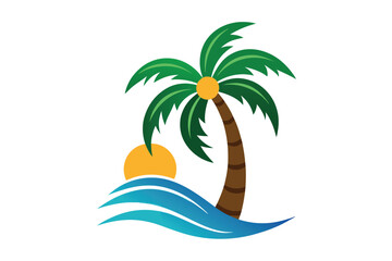 Tropical Palm Tree Waves Silhouette with Sunrise on Transparent Background