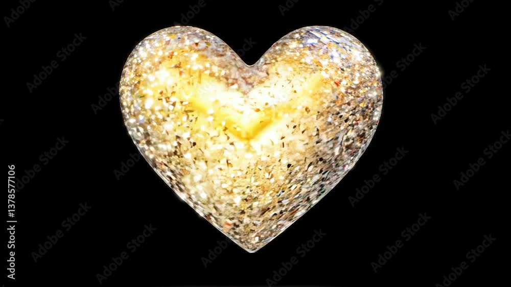 Poster a gold heart with a lot of glitter on it. it is on a black background. the heart is very shiny and h
