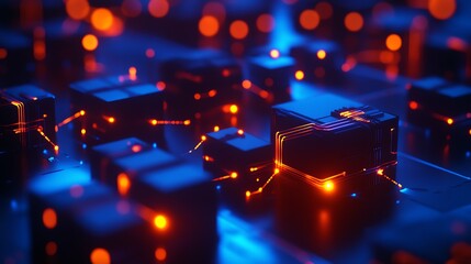 Futuristic circuit board with glowing lights and structures.