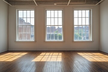 Obraz premium Empty room with three large windows and blank movie poster frames. AI generated illustration.