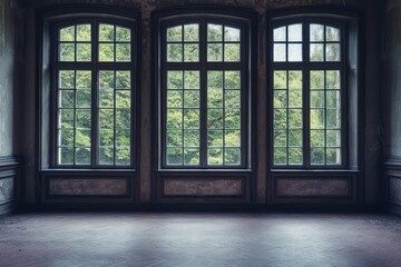 Fototapeta premium Empty room with three large windows and blank movie poster frames. AI generated illustration.