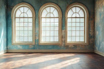 Obraz premium Empty room with three large windows and blank movie poster frames. AI generated illustration.