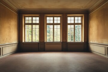 Empty room with three large windows and blank movie poster frames. AI generated illustration.