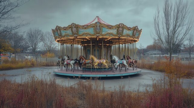 solitary carousel in an abandoned amusement park, its faded horses frozen in time, surrounded by empty space and overgrown vegetation, evoking a sense of sadness and loss.