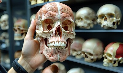 Anatomical skull model held by a person in a museum, surrounded by various human skulls on display