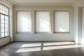 Fototapeta premium Empty room with three large windows and blank movie poster frames. AI generated illustration.