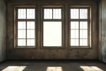 Empty room with three large windows and blank movie poster frames. AI generated illustration.
