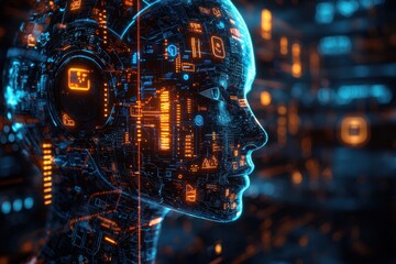 Futuristic AI Robot Head in a High-Tech Digital Interface