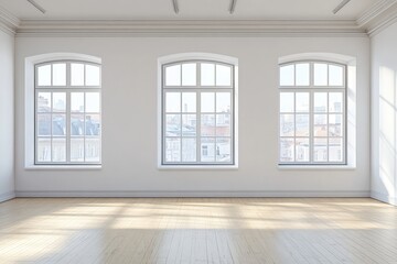 Fototapeta premium Empty room with three large windows and blank movie poster frames. AI generated illustration.