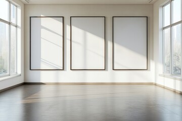 Obraz premium Empty room with three large windows and blank movie poster frames. AI generated illustration.