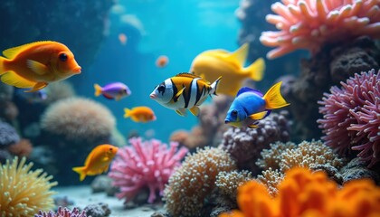Obraz premium Colorful fish swim through vibrant coral reefs. Marine life underwater aquarium scene shows diverse fish, coral species. Aquatic ecosystem, ideal for travel, vacation, tourism, marine life, diving,