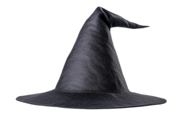 Classic black witch hat with pointed tip on white background, cut out