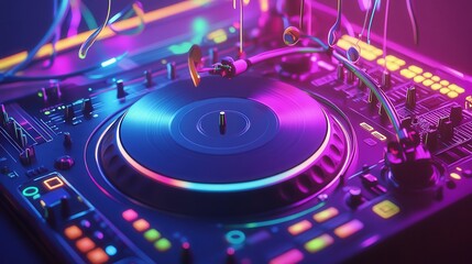 neon-lit DJ turntable with colorful cables and floating music notes. The scene radiates energy, making it perfect for promoting nightlife, rave parties, and electronic music events
